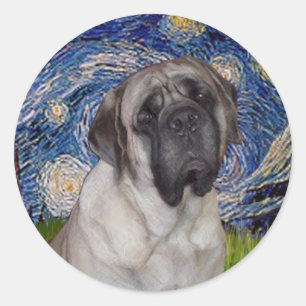 Adesivo Redondo Noite Estrelada - Retrato de Bull Mastiff