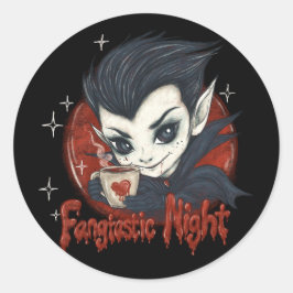 Adesivo Redondo Noite fantástica. Vampiro bonito com uma xícara de
