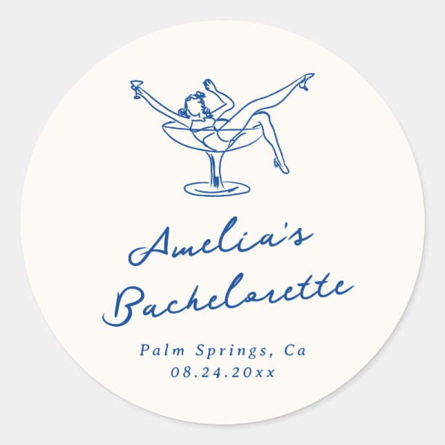 Adesivo Redondo Noiva Azul Caprichosa Desenhada à Mão (Frente)