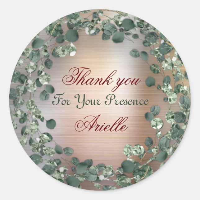 Adesivo Redondo Noiva de Aniversário Eucalipto Agradecimento Rose  (Frente)