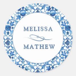 Adesivo Redondo Noiva de padrão azul e branco moderno e casamento