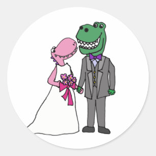 Adesivo Redondo Noiva dinossauro T-rex engraçada e casamento do no