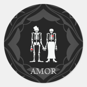 Adesivo Redondo Noiva e Casal do Skeleton do Halloween