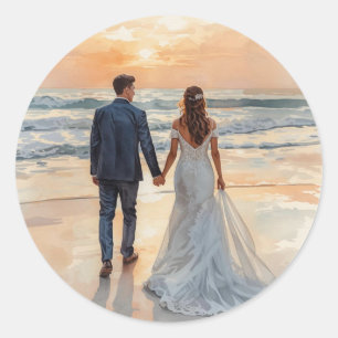 Adesivo Redondo Noiva e Noivo de Aquarela de Praia Casamento Pinta