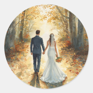 Adesivo Redondo Noiva e Noivo em Aquarela de Outono Casamento Pint