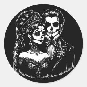 Adesivo Redondo Noiva e Noivo goth dia dos mortos Arte de Esquelet