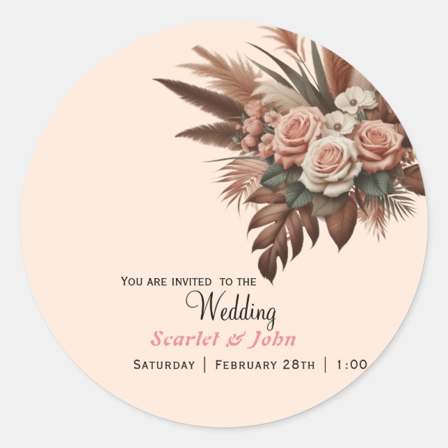 Adesivo Redondo Noiva floral de rosa de grama das pampas vintage (Frente)