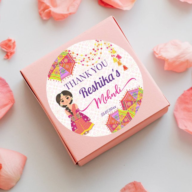 Adesivo Redondo Noiva indiana fofa Mehndi guarda-chuva obrigado fa (Mehndi favor gift thank you stickers cute Indian bride cartoon colorful umbrellas)