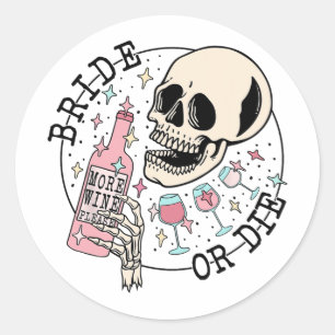 Adesivo Redondo Noiva Ou Morra Crânio Bebendo Halloween Despedida