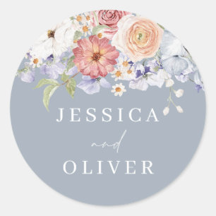 Adesivo Redondo Noivado de Casamento Azul com Derramamento Floral
