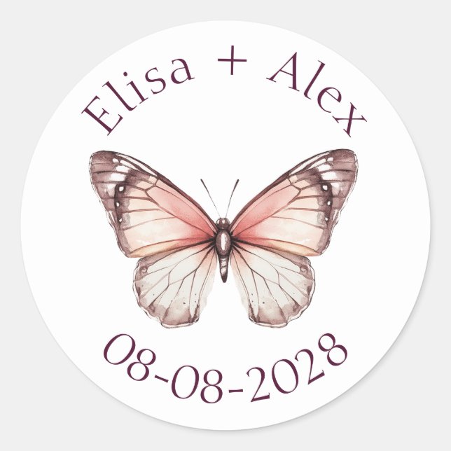 Adesivo Redondo Noivado de Casamento de Borboletas Elegante PERSON (Frente)