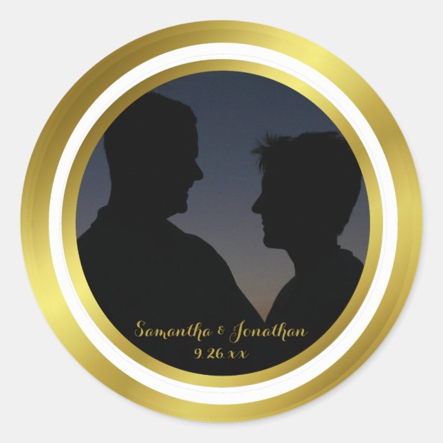 Adesivo Redondo Noivado de Casamento de Fotos do Foil Gold Elegant (Frente)