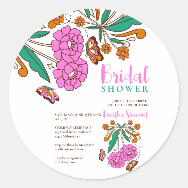 Adesivo Redondo Noivos Amantes de Borboletas Rosa Floral Script Ca (Frente)