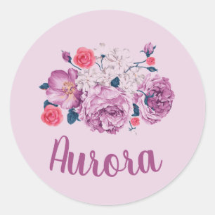 Adesivo Redondo Nome Aurora Floral Personalizado Flor Vintage Rosa