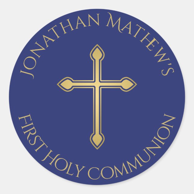 Adesivo Redondo Nome Azul da Primeira Comunhão Dourada Cruzada Mon (Frente)