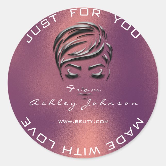 Adesivo Redondo Nome Beauon Salon Glitter Copper Rosa Obrigado Lux (Frente)