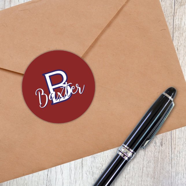 Adesivo Redondo Nome branco vermelho e azul e monograma personaliz (Red White & Blue Name and Monogram Personalized Classic Round Sticker
)