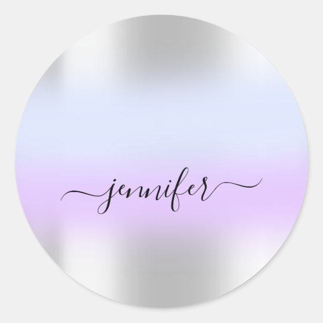 Adesivo Redondo Nome Bridal OMBRE. Obrigado Prata Azul Roxo (Frente)