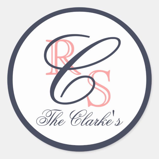 Adesivo Redondo Nome Casado Monograma, Pêssego, Azul Marinho (Frente)