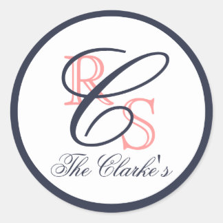 Adesivo Redondo Nome Casado Monograma, Pêssego, Azul Marinho