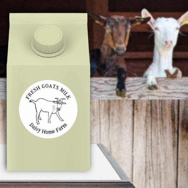 Adesivo Redondo Nome Comercial do Leite de Caprinos (Fresh goats milk business name black and white sticker simple goat drawing custom typography label)