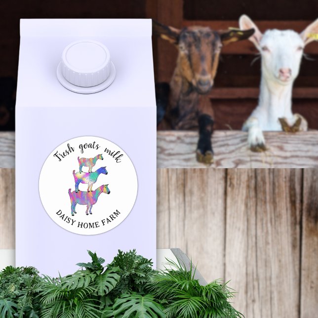 Adesivo Redondo Nome Comercial do Leite de Caprinos (Fresh goats milk custom business name product label sticker with funny colorful farm animal art)