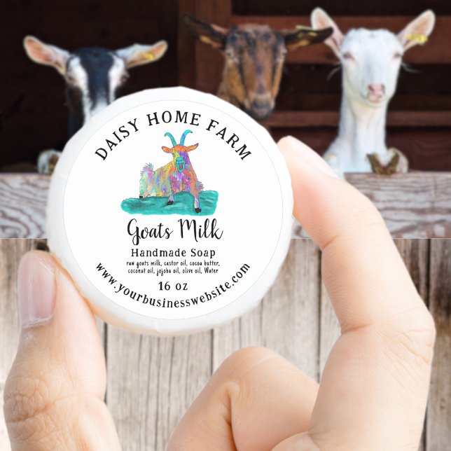 Adesivo Redondo Nome Comercial do Leite de Caprinos Nome Comercial (Goats milk soap colorful screaming goat custom business name website ingredients weight label)