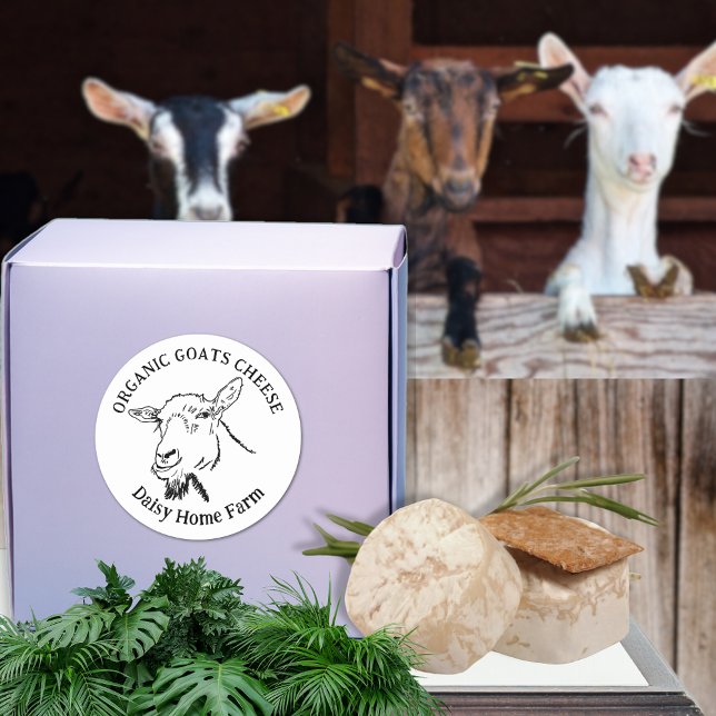 Adesivo Redondo Nome comercial do queijo de cabra preto e branco (Goats cheese business name black and white custom product label. Simple goat drawing farm produce )