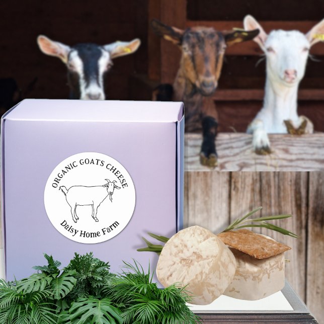 Adesivo Redondo Nome comercial do queijo de cabra preto e branco s (Goats cheese custom business name black and white simple farm produce label cute goat line drawing )