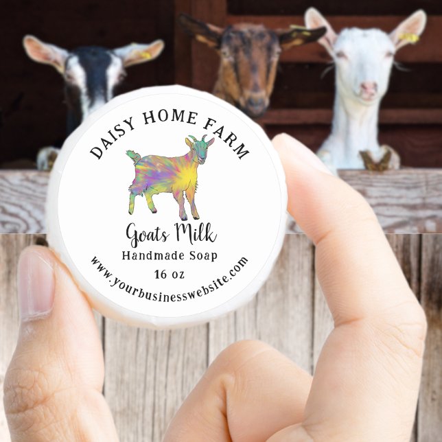 Adesivo Redondo Nome Comercial e Sítio Web do Goats Milk Soap (Goats milk handmade soap custom business name & website product label cute goat colorful watercolor)