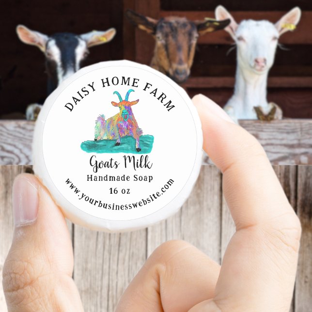 Adesivo Redondo Nome Comercial e Sítio Web do Goats Milk Soap (Goats milk handmade soap smal business name website produce label with funny screaming goat colorful)