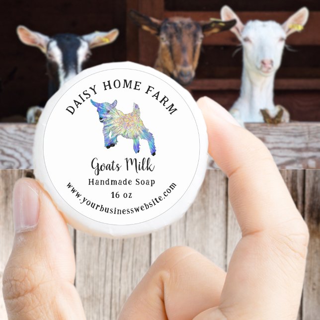 Adesivo Redondo Nome Comercial e Sítio Web do Goats Milk Soap (Goats milk handmade soap custom business name and website product labels cute colorful baby goat art)