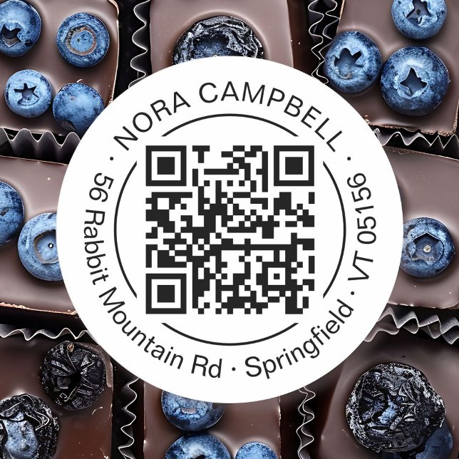 Adesivo Redondo Nome comercial moderno Retornar Endereço Redondo C (Modern, elegant, black and white business name and QR code round sticker with circle frame.)