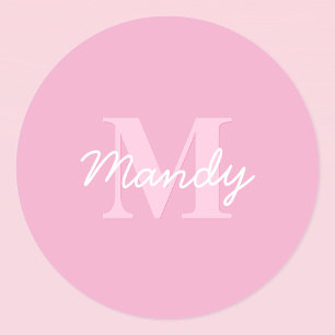 Adesivo Redondo Nome Cursivo Bonito e Monograma Rosa
