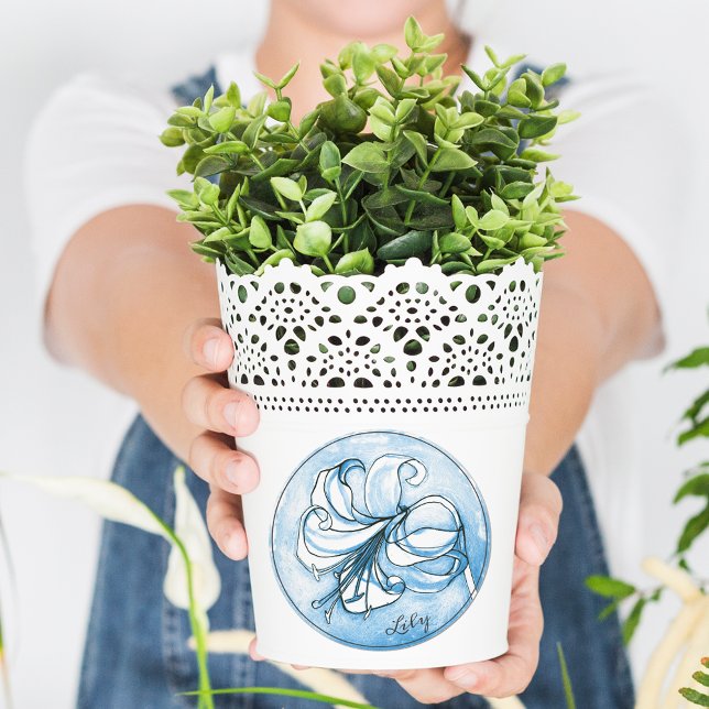 Adesivo Redondo Nome da Adição de Lily Branca Azul-Pastel Azul Ele (Criador carregado)