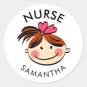 Adesivo Redondo Nome da Enfermeira de Cartões de Brunette Cute Pe