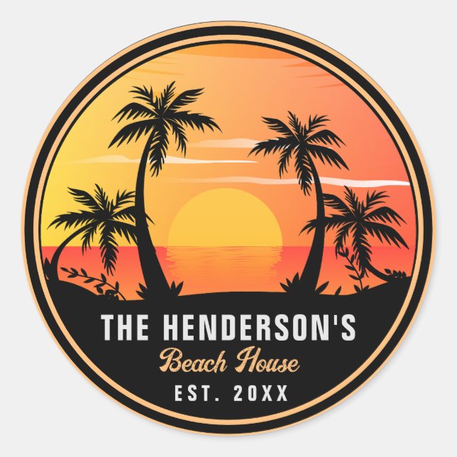 Adesivo Redondo Nome da família Beach House Retro Sunset Souvenirs (Frente)