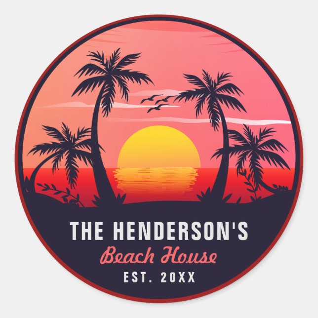 Adesivo Redondo Nome da família Beach House Retro Sunset Souvenirs (Frente)