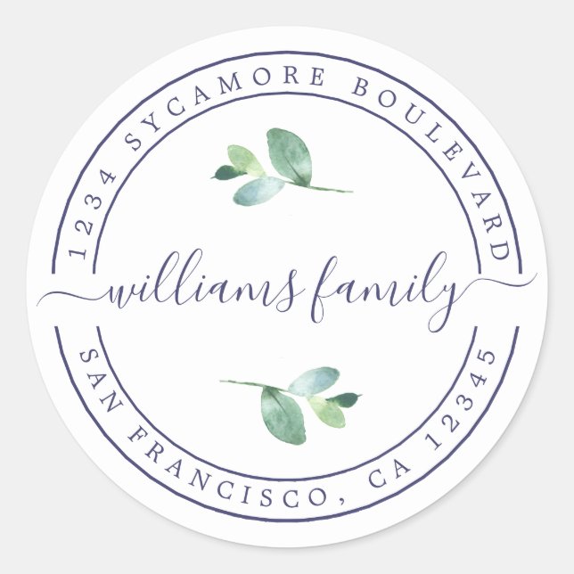 Adesivo Redondo Nome da família Calliografia Foliage Endereço de d (Frente)