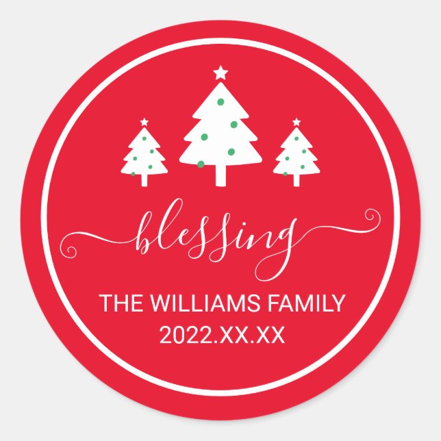 Adesivo Redondo Nome da família das árvores de Natal da Bênção Ver (Frente)