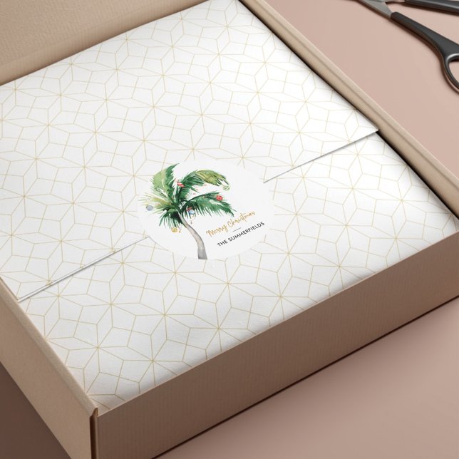 Adesivo Redondo Nome da Família de Árvores de Palma de Natal (Palm Tree Christmas Script Elegant Stickers)