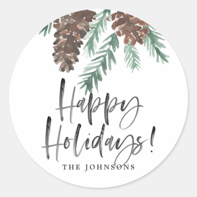 Adesivo Redondo Nome da Família de Feriados Felizes Pinecone Water (Frente)