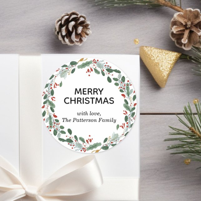 Adesivo Redondo Nome da Família de Fios de Natal Elegante Personal (Custom Elegant Christmas Wreath Family Name Classic Round Sticker)