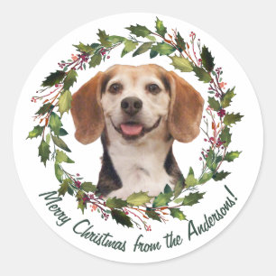 Adesivo Redondo Nome da Família de Foto de Animal de Natal Alegre
