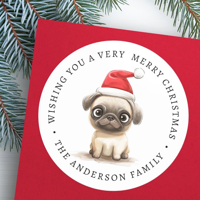 Adesivo Redondo Nome da família de ilustração do boneco em Santa h (Cute pug in Santa hat illustration family name Classic Round Sticker)