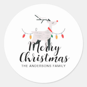 Adesivo Redondo Nome da Família de Natal de Reindeer Minimalista E