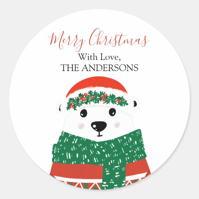 Adesivo Redondo Nome da família de Natal do Polar Bear (Frente)