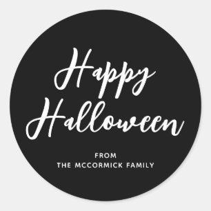 Adesivo Redondo Nome da Família de Script Preto Feliz Halloween