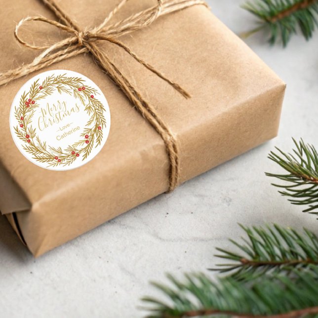 Adesivo Redondo Nome da Família Dourada Red Pine Berry Christmas W (Criador carregado)