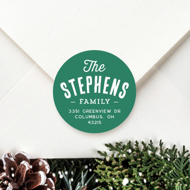 Adesivo Redondo Nome da família endereço verde de retorno de feria (Criador carregado)